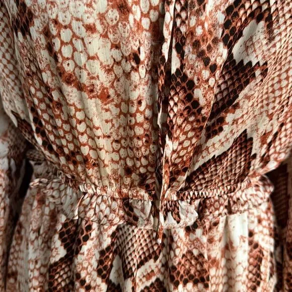 THML rust/brown tones stretch snakeskin print ruffle accent midi. Small.